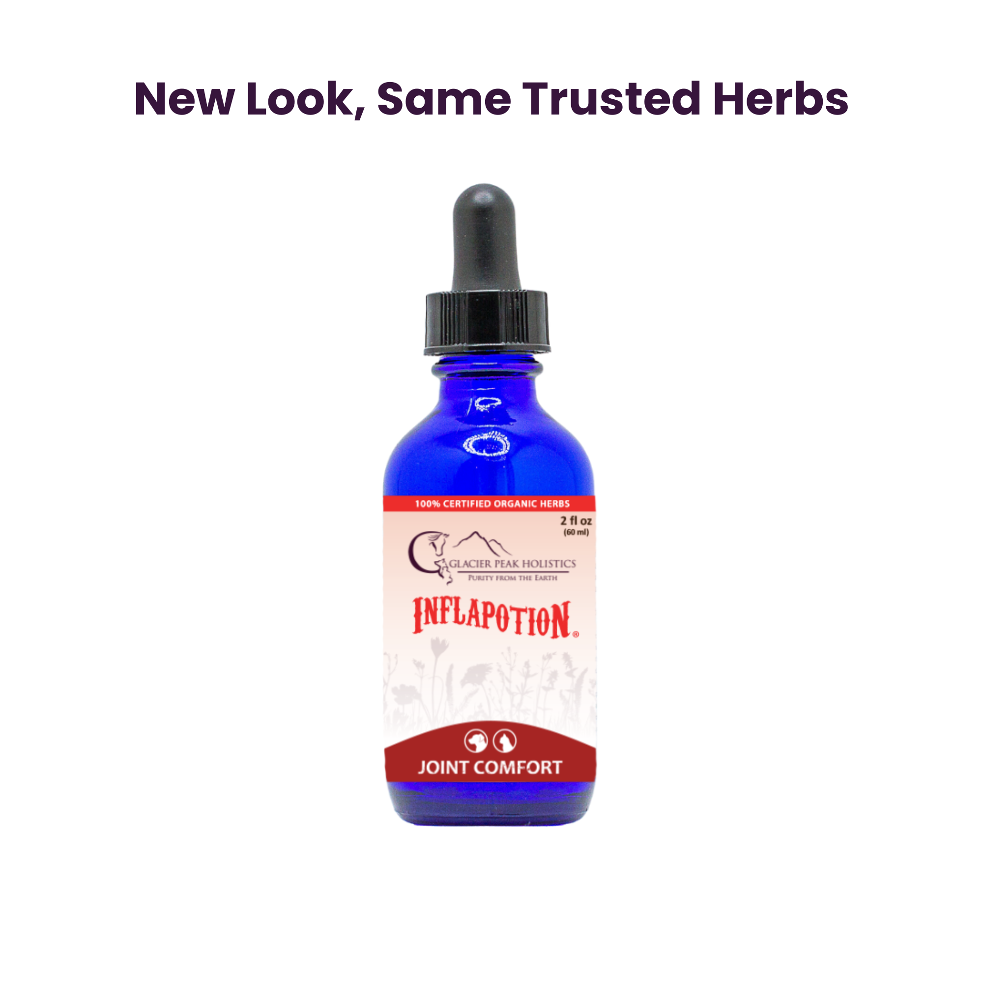 Inflapotion 2oz tincture with dropper for holistic cat and dog joint comfort with "New Look, Same Trusted Support" to represent updated label design.