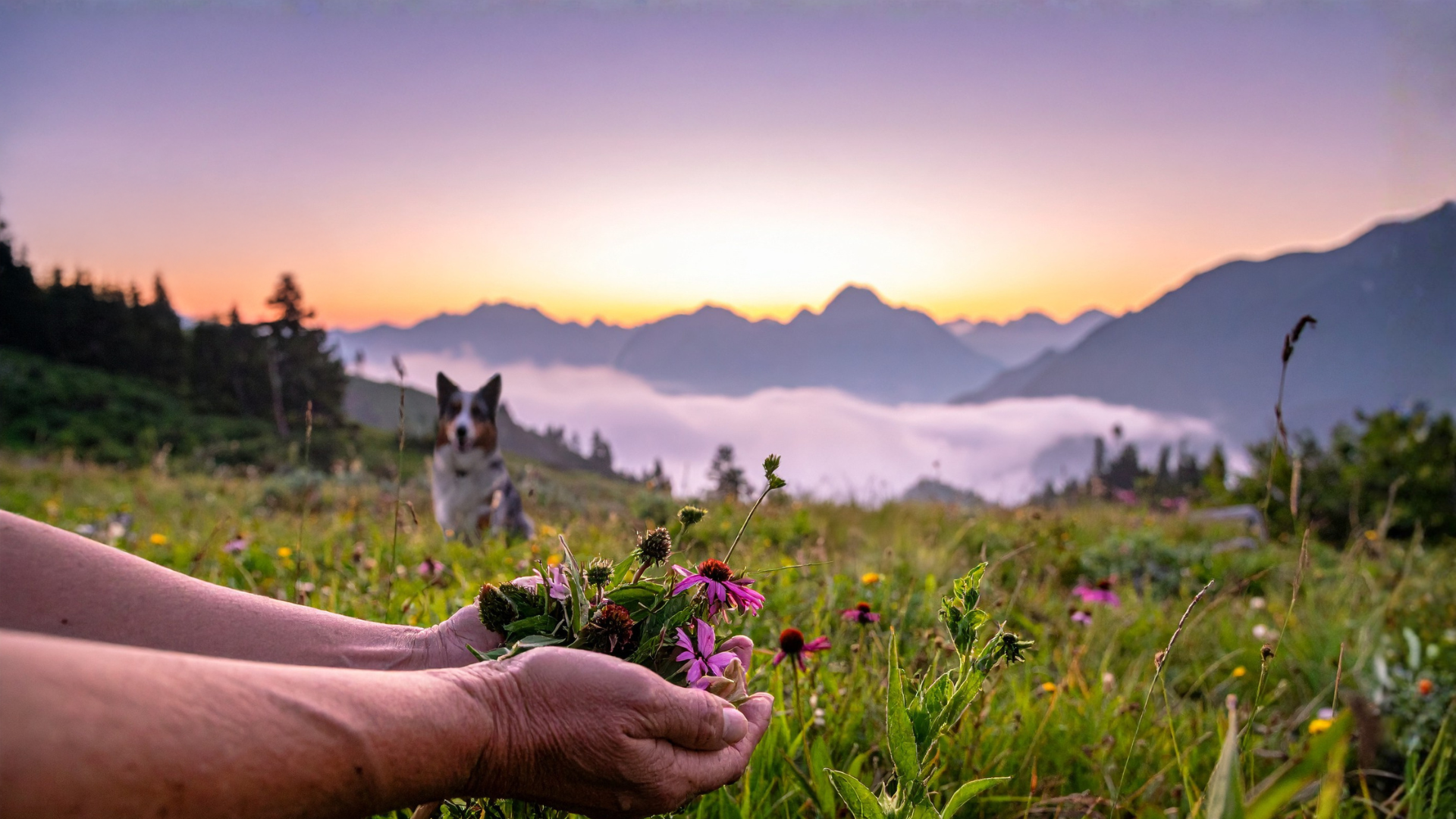 Montana mountains and herb field scenery with hand holding herbs and dog in background.