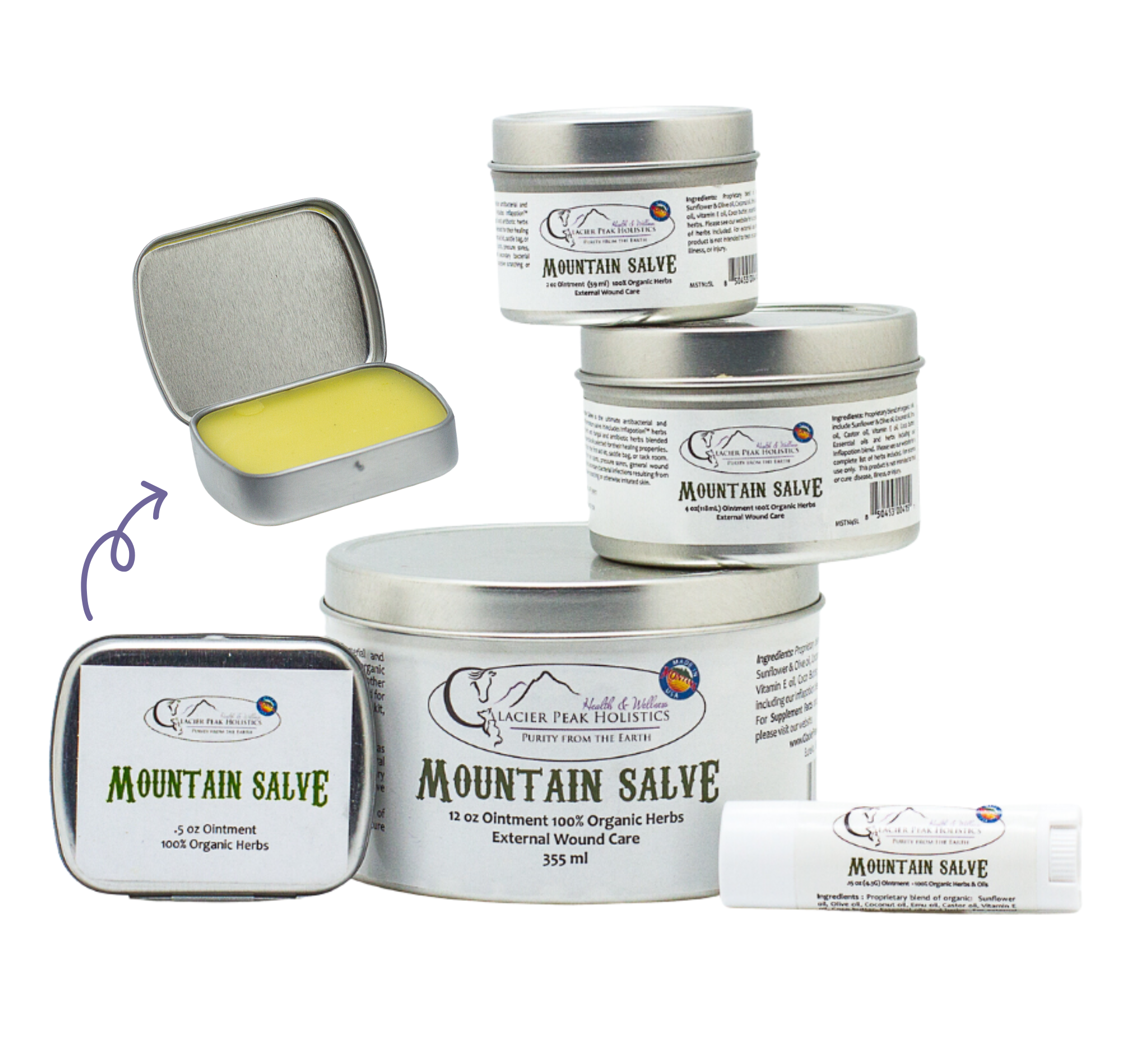 Collection of Glacier Peak Holistics Mountain Salve for Pets in tins and a tube, used for external care.