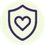 Dark purple outline of a heart centered inside a shield icon on a light green circular background.