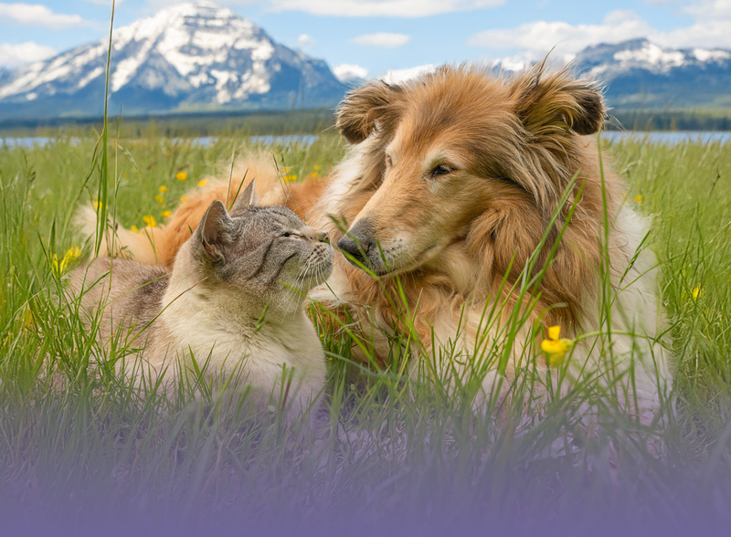 A fluffy collie dog and a tabby cat resting together in a grassy meadow with snow-capped mountains in the background.