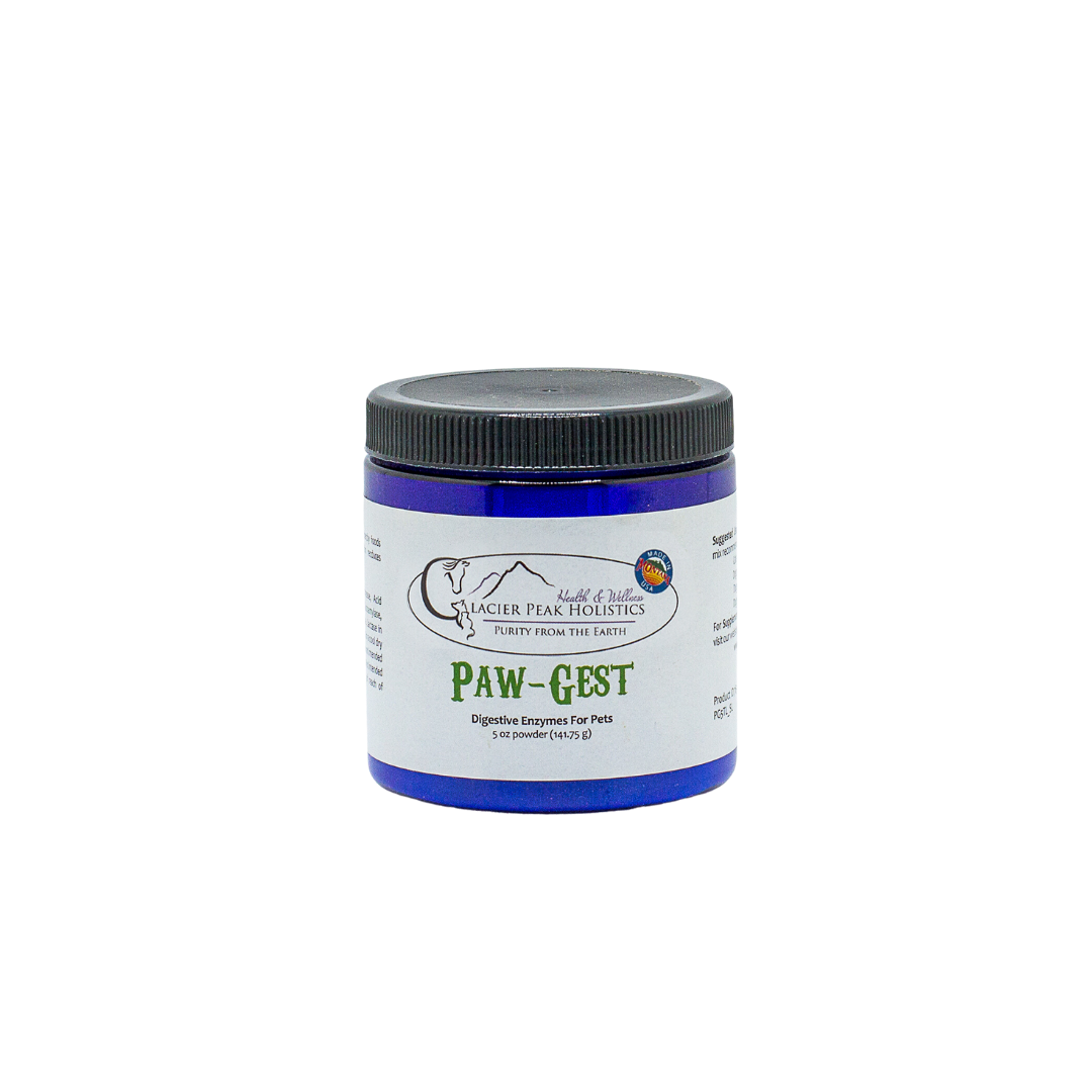Glacier Peak Holistics 5 oz blue jar of Paw-Gest Digestive Enzymes powder for Dogs & Cats on a white background. 