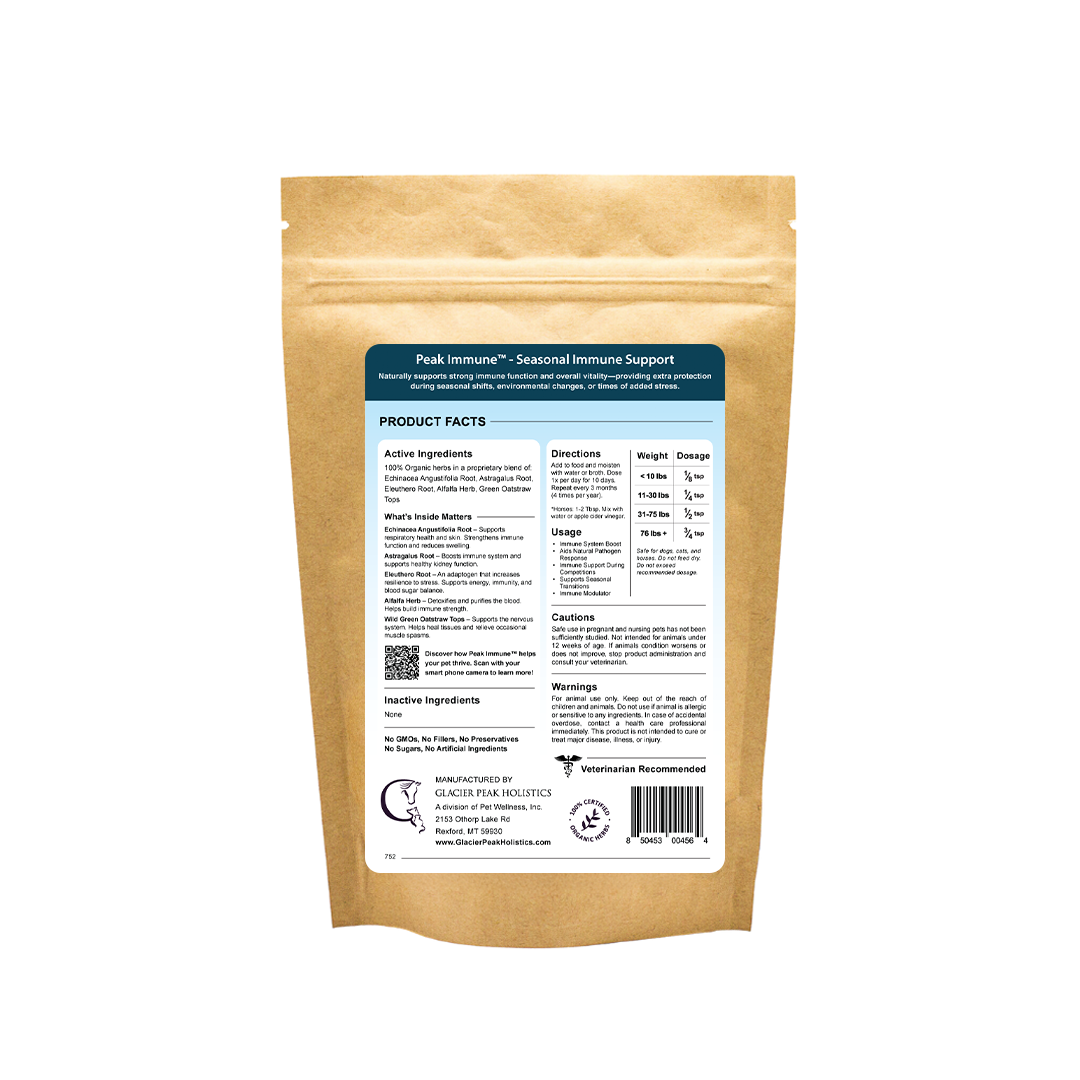 Back of 12 oz Peak Immune product label highlighting ingredients, directions, usage, dosage, cautions, and warnings. seaosnal immune boost for dogs cats and horses.