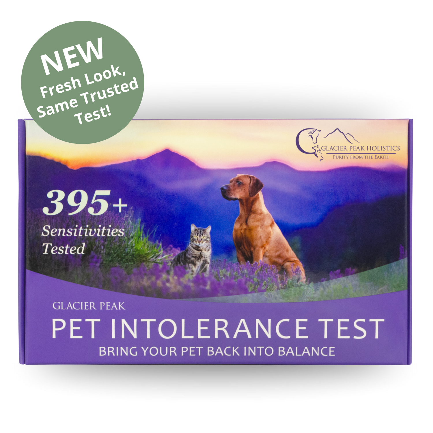 New Glacier Peak Pet Intolerance Test box with a dog and cat, highlighting 395+ sensitivities tested.