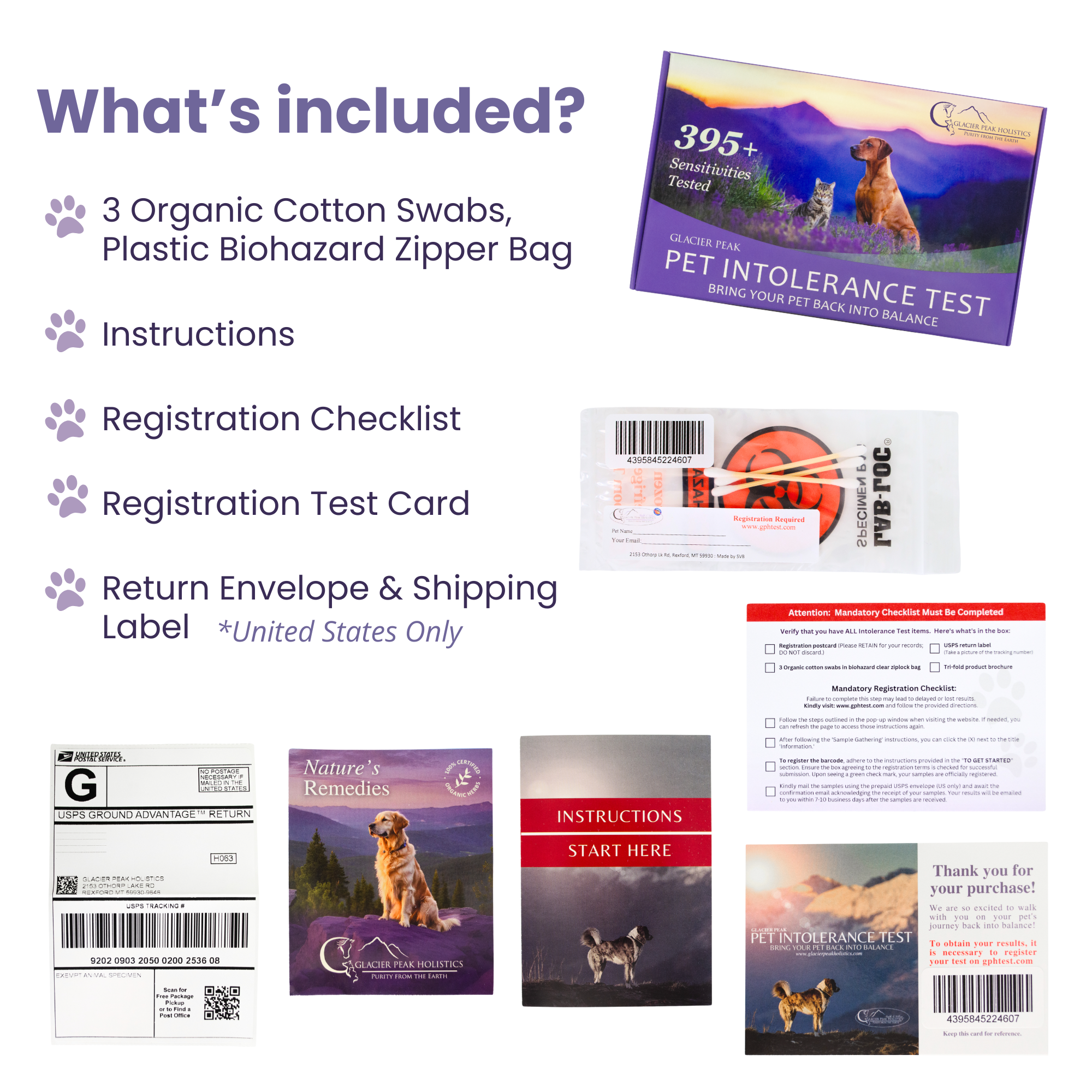 Contents of the Glacier Peak Holistics Pet Intolerance Test kit, including swabs, registration checklist, registration test card, instructions, and return envelope.