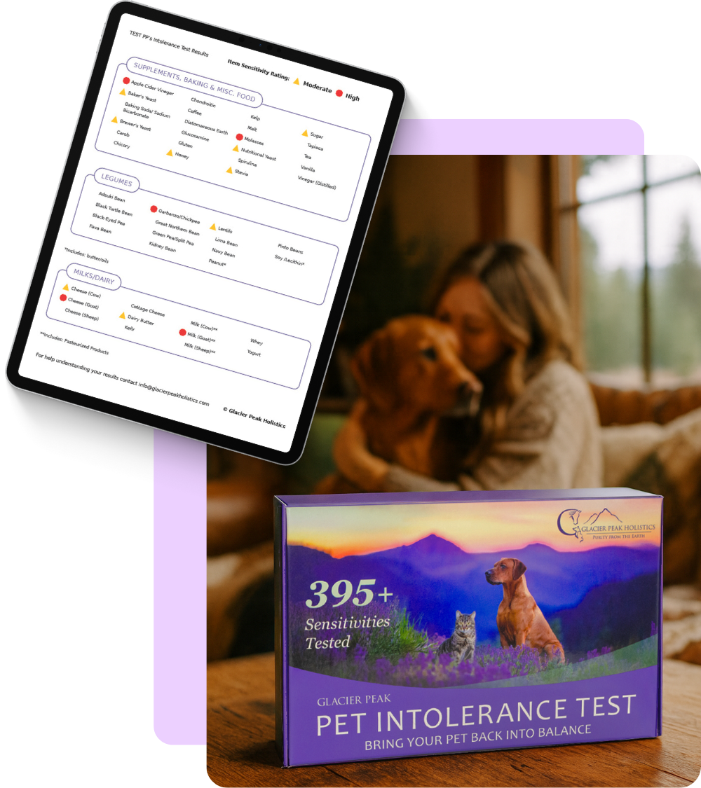 Glacier Peak Pet Intolerance Test kit and intolerance test report displayed on a tablet, with a woman hugging her dog in the background.