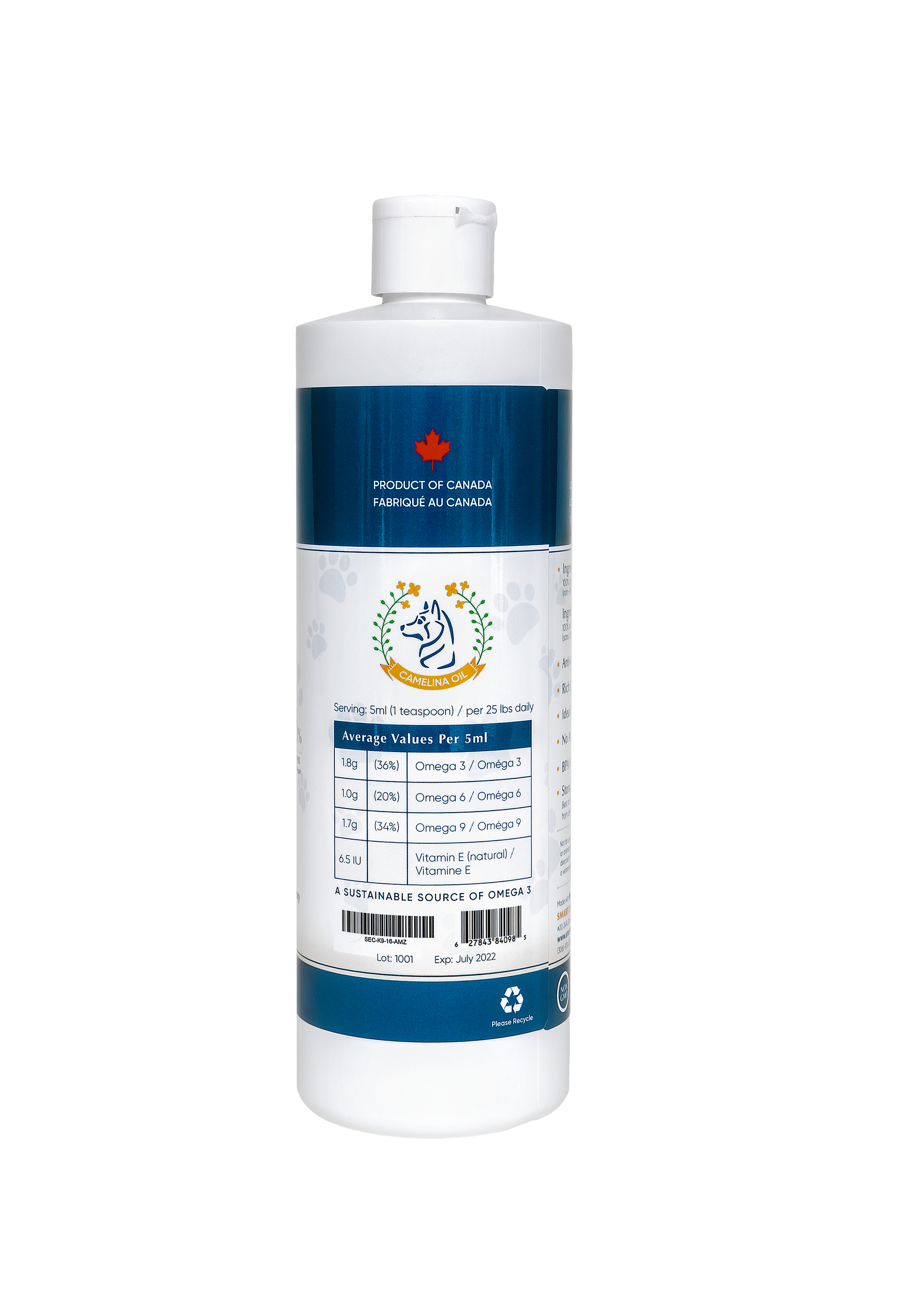 Back of Smart Earth Premium Camelina Oil for Dogs & Cats bottle with nutritional facts.