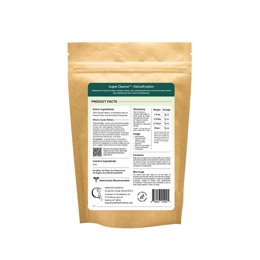 Back of Glacier Peak Holistics Super Cleanse Detox For Dogs, Cats and horses kraft pouch, displaying product details and dosage.
