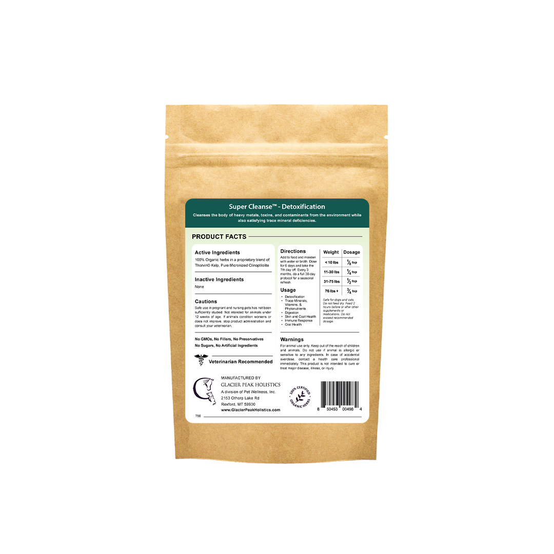The back of a 3 oz Super Cleanse Detox For Dogs & Cats pouch showing product facts and directions.