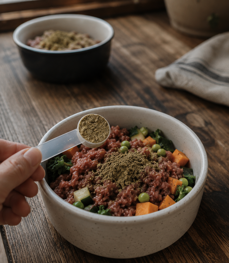 Hand sprinkling green kelp herb blend over a bowl of raw pet food with ground meat, peas, and diced vegetables.