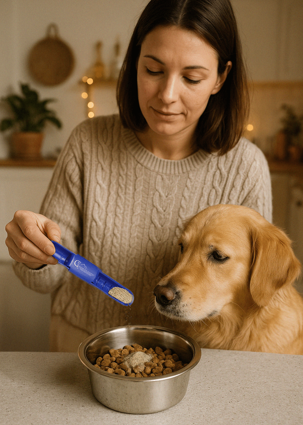 A woman adds a scoop of 100% organic herb supplements to a golden retriever's food bowl.