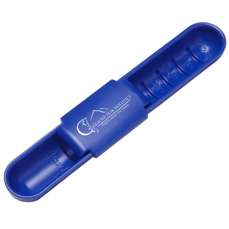 Glacier Peak Holistics Adjustable Dose Measuring Spoon in blue for precise measurements.