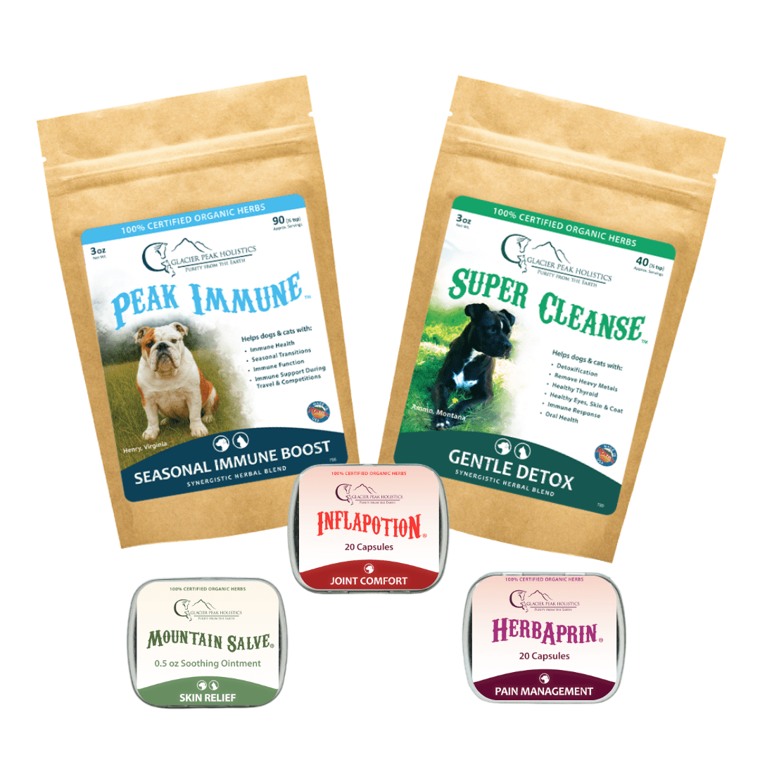 Bargain Bundle with 3 oz Peak Immune, 3 oz Super Cleanse, 20 Capsules of Inflapotion, 0.5 oz of Mountain Salve , and 30 Capsules of Herbapin products.