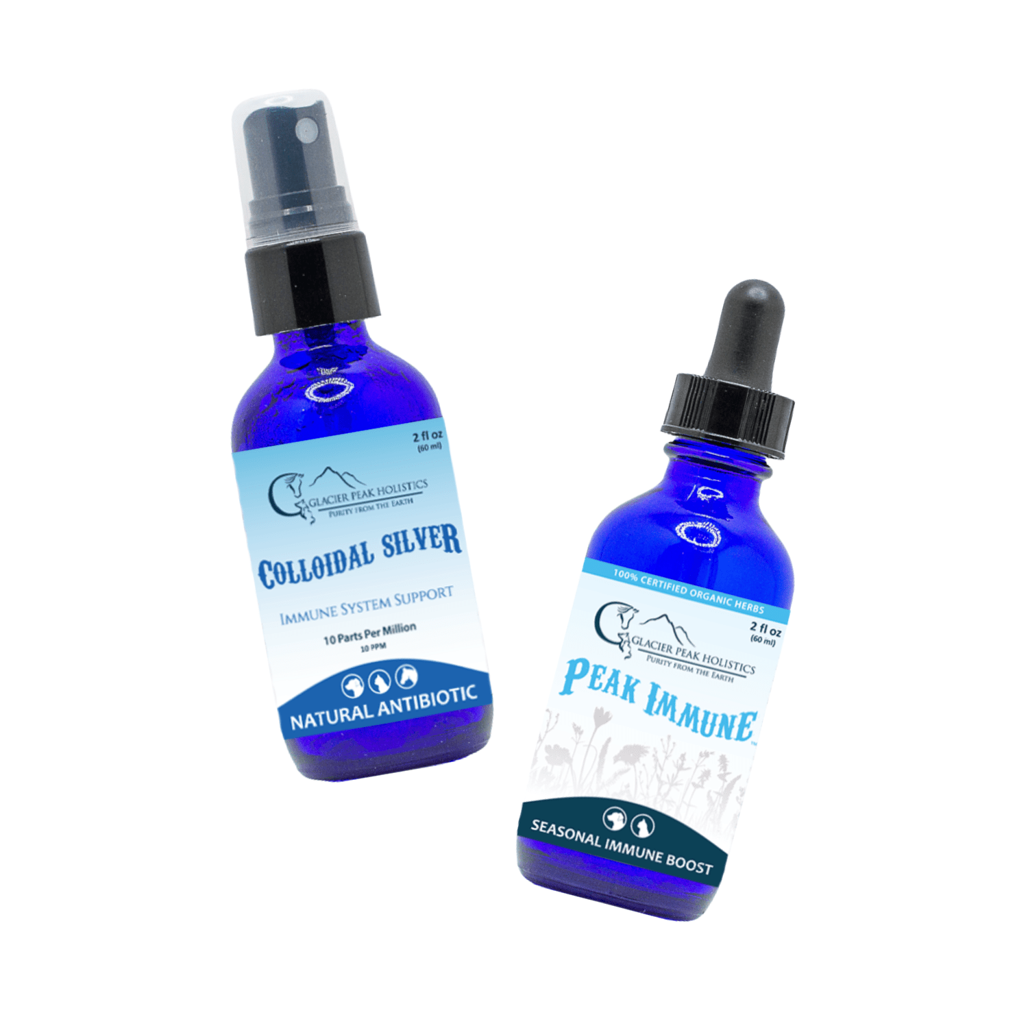 Two blue bottles, one with a spray top "Colloidal Silver," the other with a dropper "Peak Immune."