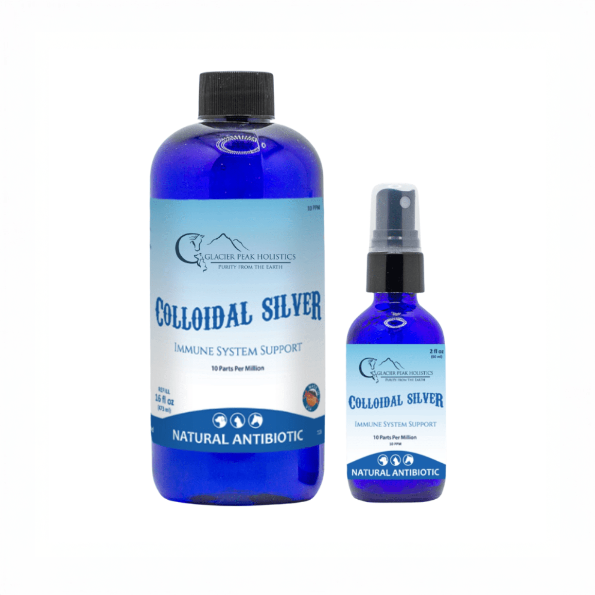 A 16 oz and 2 oz Glacier Peak Holistics bottle of "Colloidal Silver Immune System Support Natural Antibiotic" standing upright.