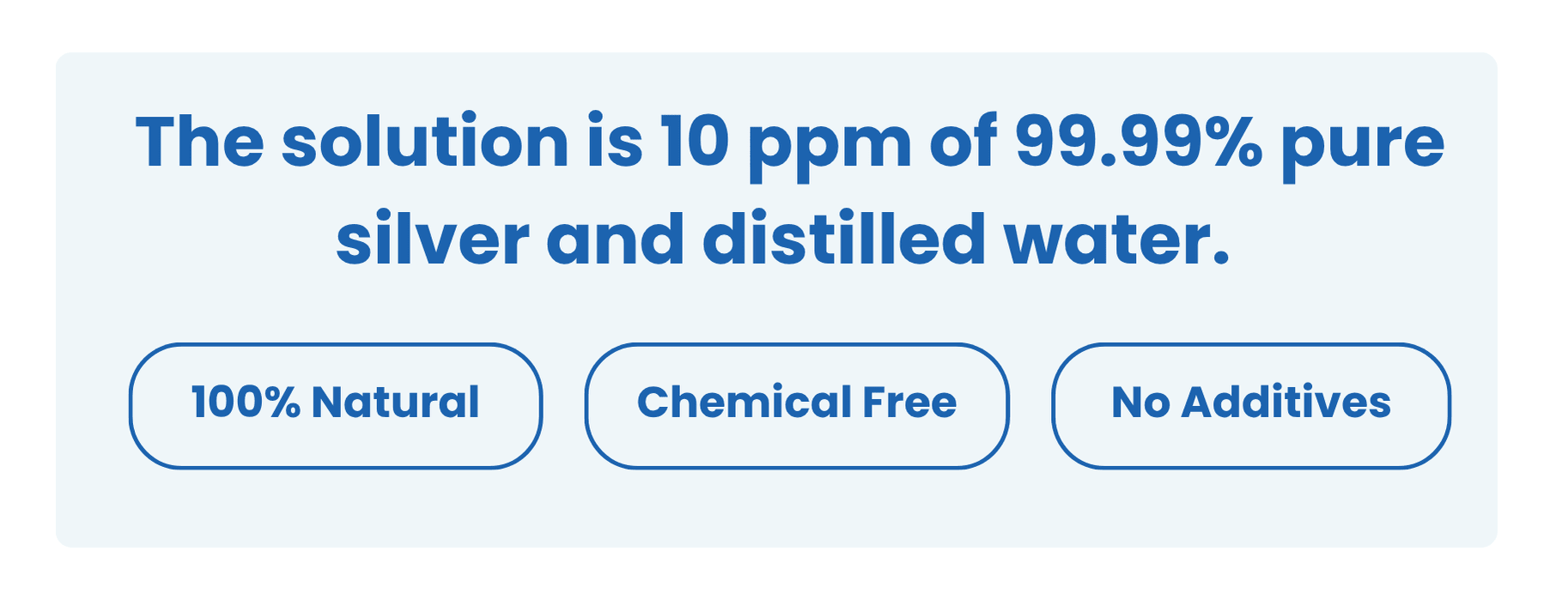 Blue text on a light blue background stating 10 ppm pure silver with 100% natural, chemical free, and no additives badges.
