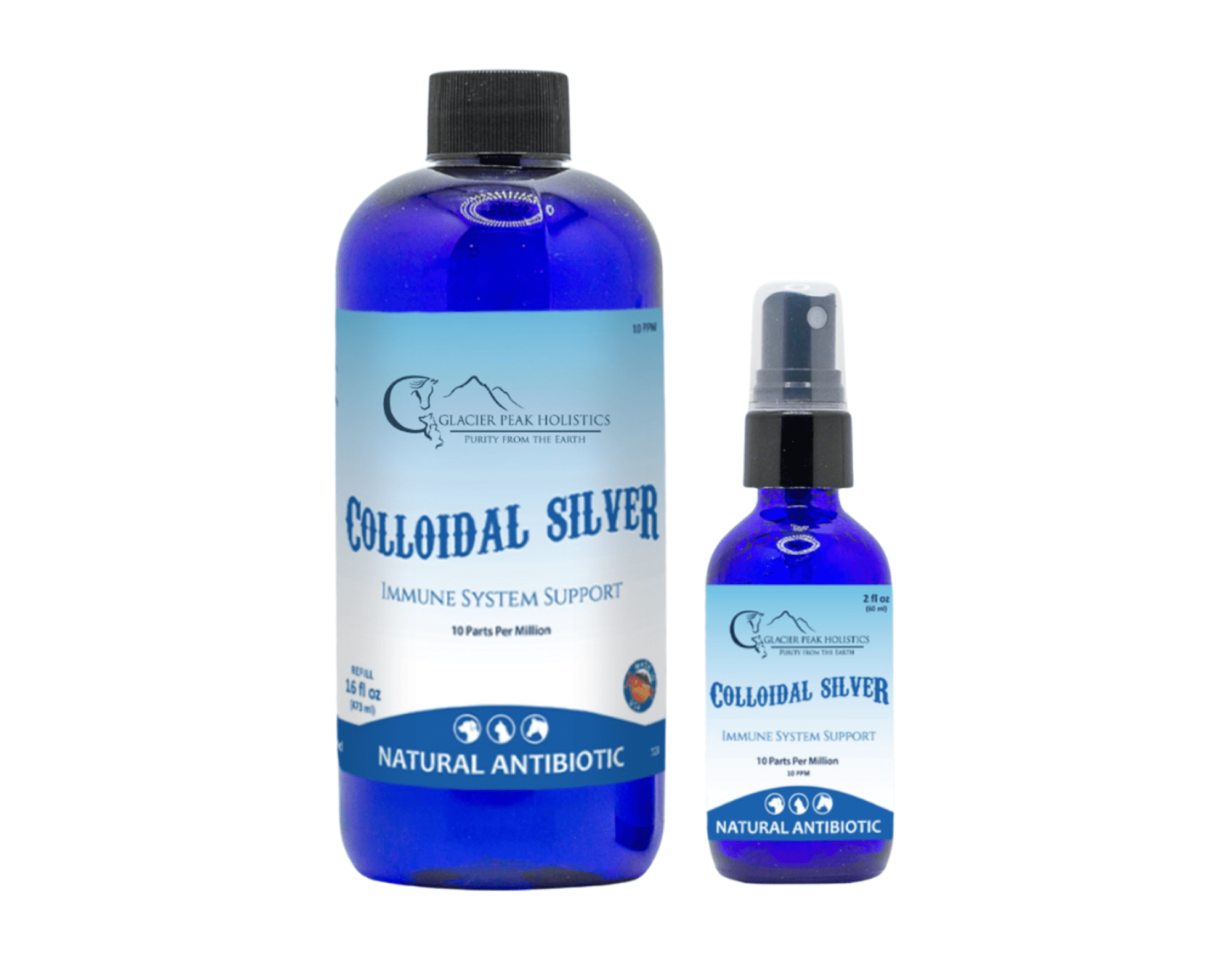 Two blue glass bottles of Glacier Peak Holistics Colloidal Silver, one 16oz refill and one 2oz spray, on white background.