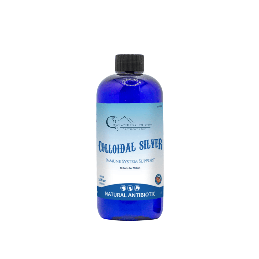 Glacier Peak Holistics 16 oz Colloidal Silver For All Pets, a blue bottle with a black cap, offering immune system support.