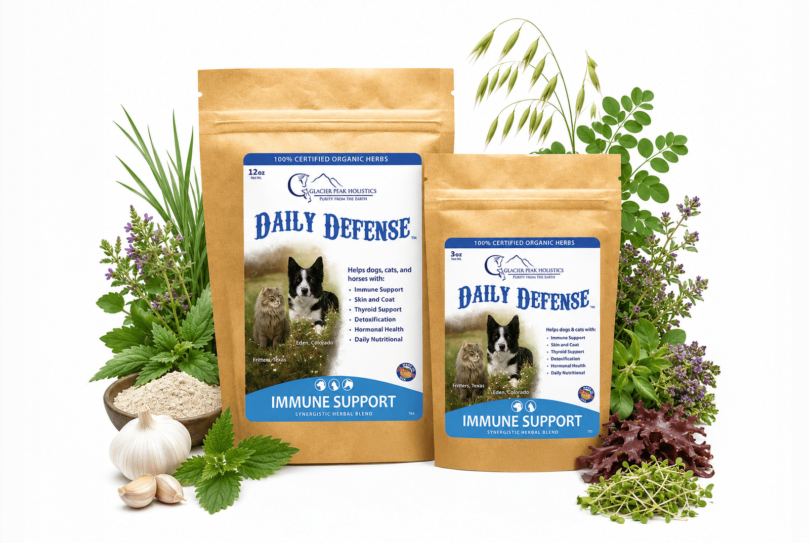 Two brown kraft pouches of Daily Defense pet supplement surrounded by fresh herbs, garlic, and a bowl of powder.