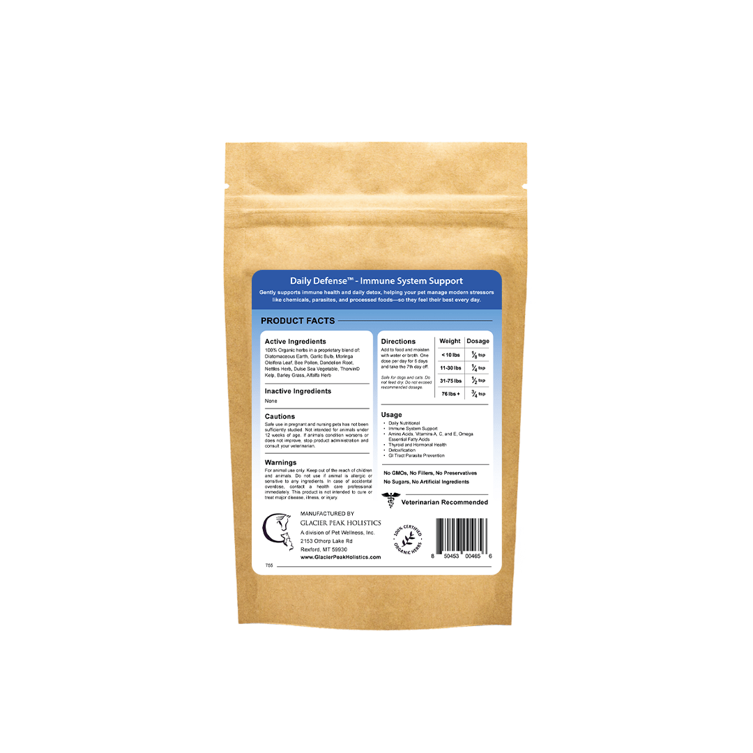 Back of 3 oz Daily defense product label highlighting ingredients, directions, usage, dosage, cautions, and warnings. immune supprot for dogs and cats.