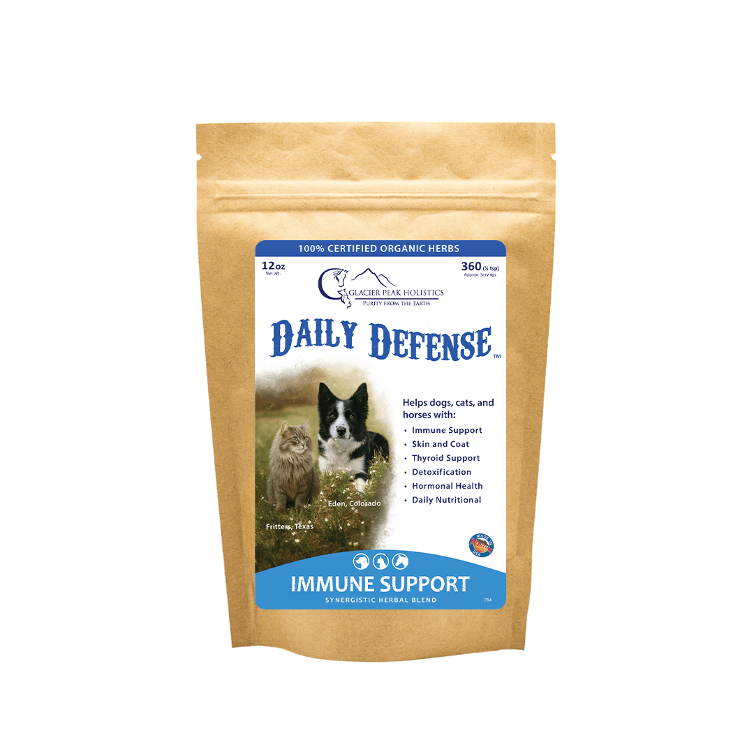Glacier Peak Holistics Daily Defense for dogs, cats, and horses. 12 oz herb powder bag for immune support.