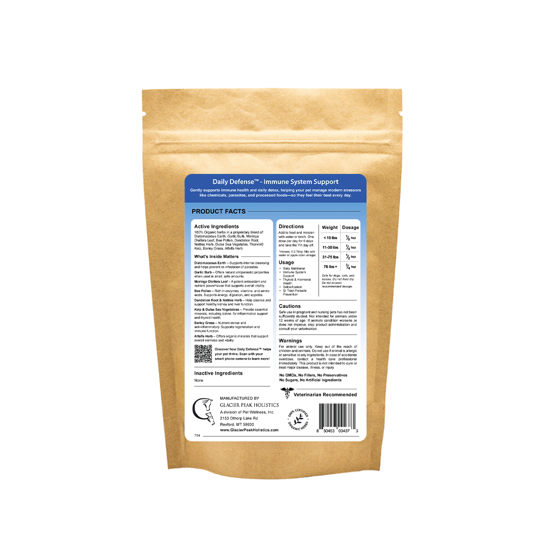 Back of 12 oz Daily defense product label highlighting ingredients, directions, usage, dosage, cautions, and warnings. immune supprot for dogs, cats, and horses.