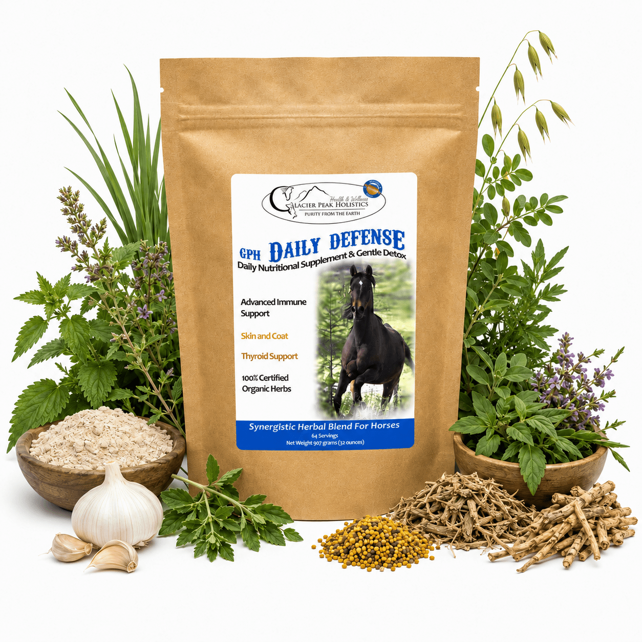 Brown pouch of Daily Defense horse supplement surrounded by fresh herbs, garlic, and grains on a white background.