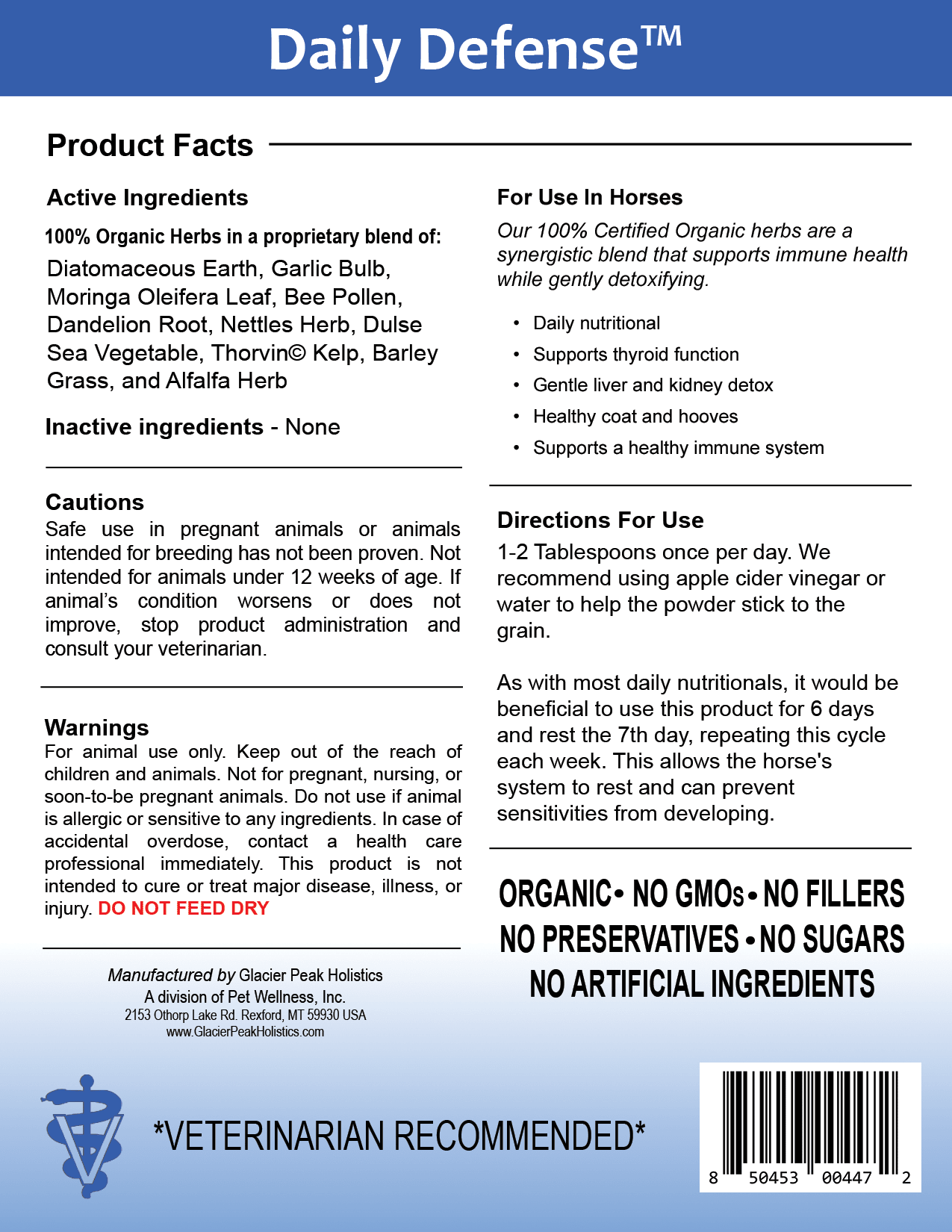 Daily Defense for horses product label, highlighting active and inactive ingredients, warnings, and directions for use.