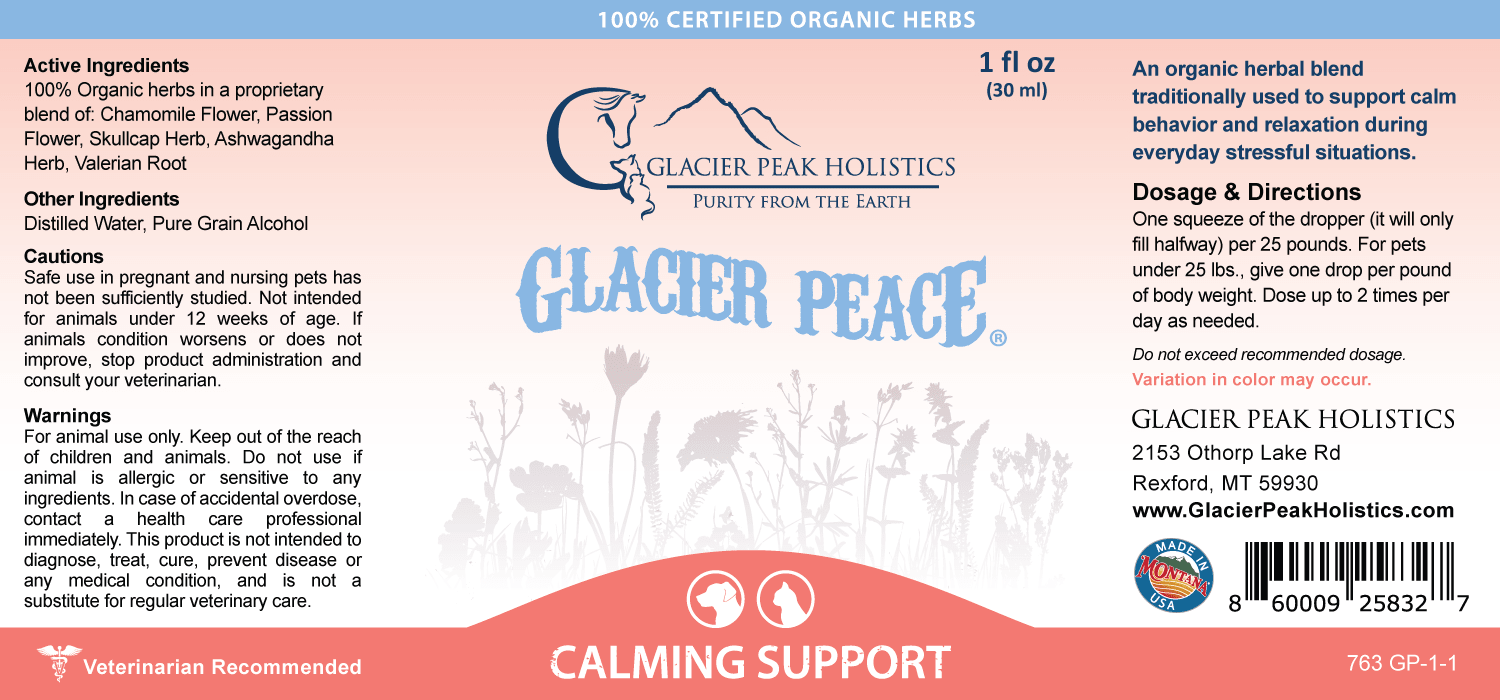 Label for Glacier Peace Calming Support for Dogs and Cats showing ingredients, cautions, usage, and warnings.