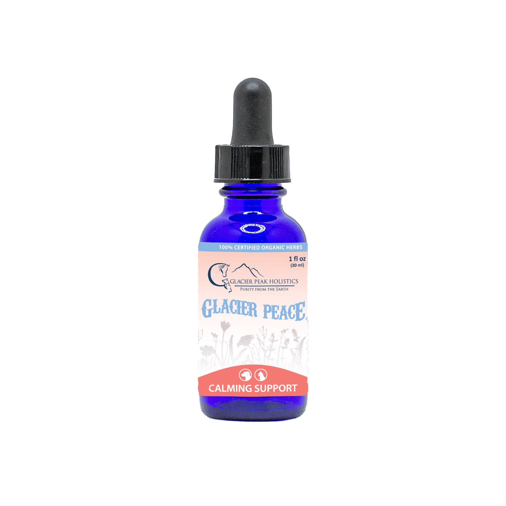 Glacier Peak Holistics Glacier Peace Calming Support for Dogs and Cats: a blue dropper bottle for anxiety relief.
