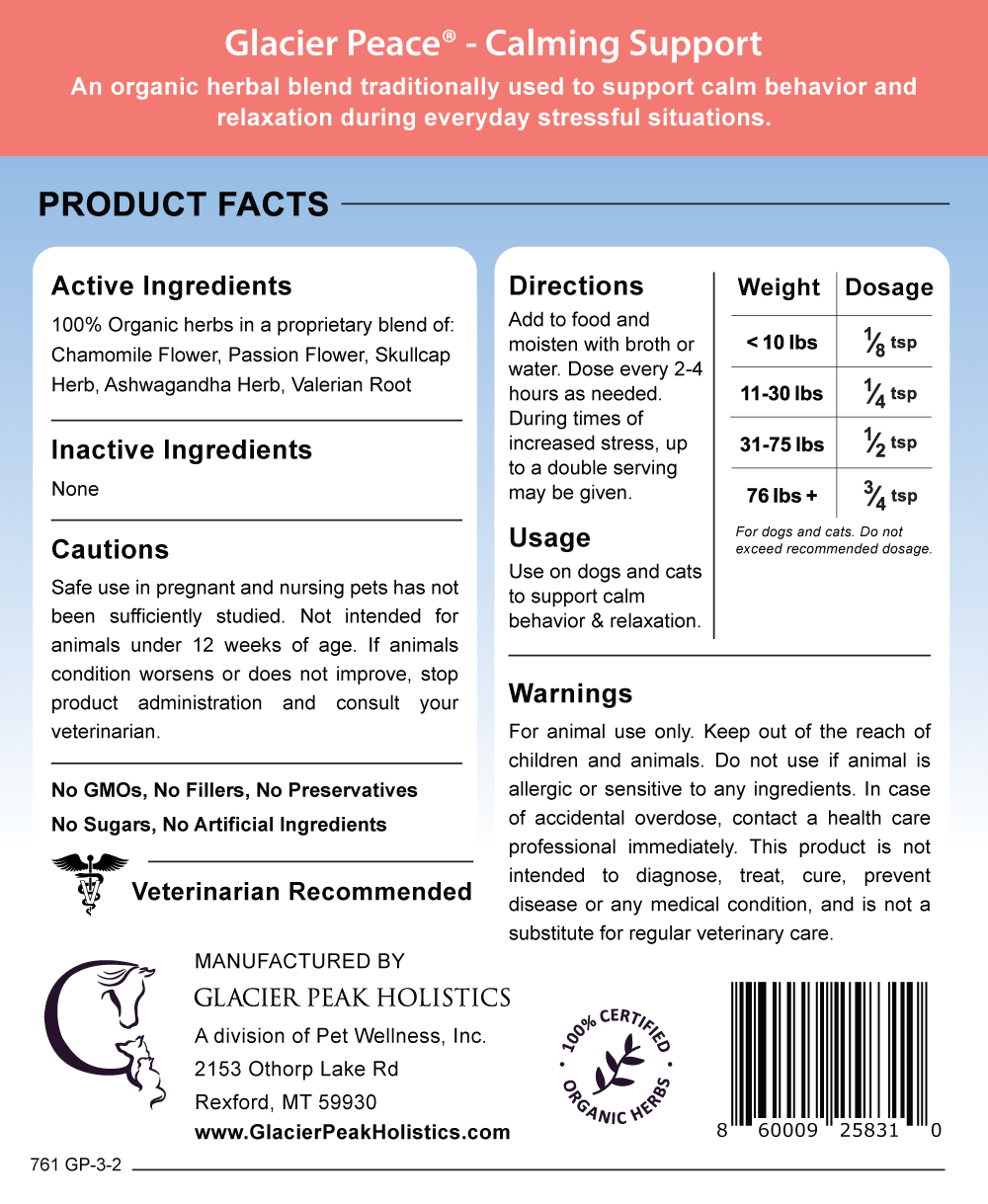 Back of Glacier Peace Calming Support for Dogs and Cats pouch with product facts and dosage information.