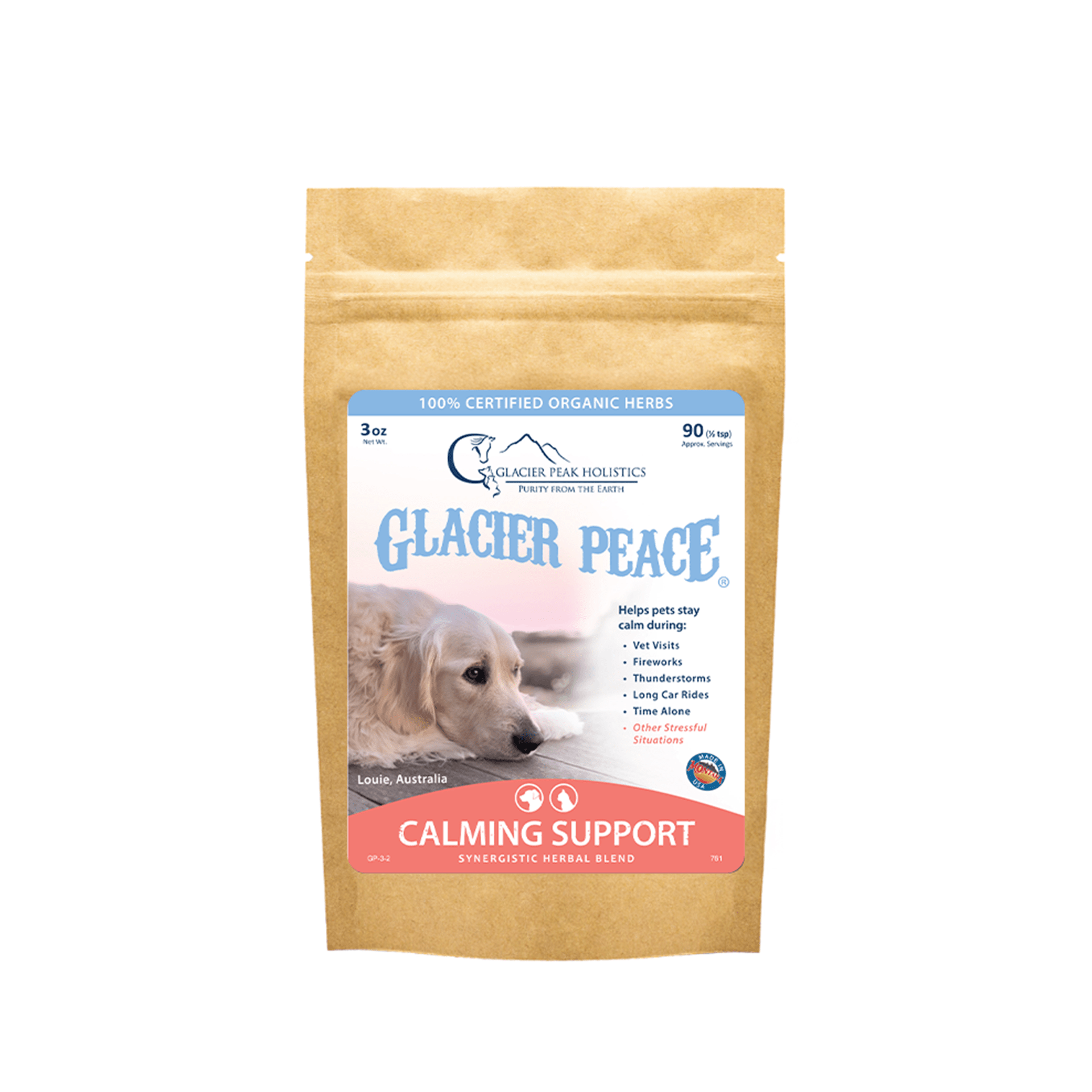 Glacier Peak Holistics Glacier Peace Calming Support for Dogs and Cats: a  3 oz pouch featuring a golden retriever for anxiety relief.