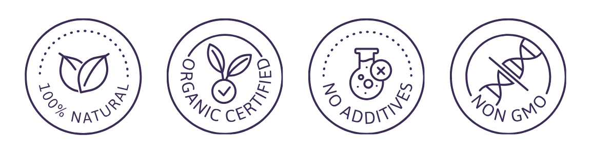 Four dark purple circular icons indicating 100% natural, organic certified, no additives, and non-GMO product standards.