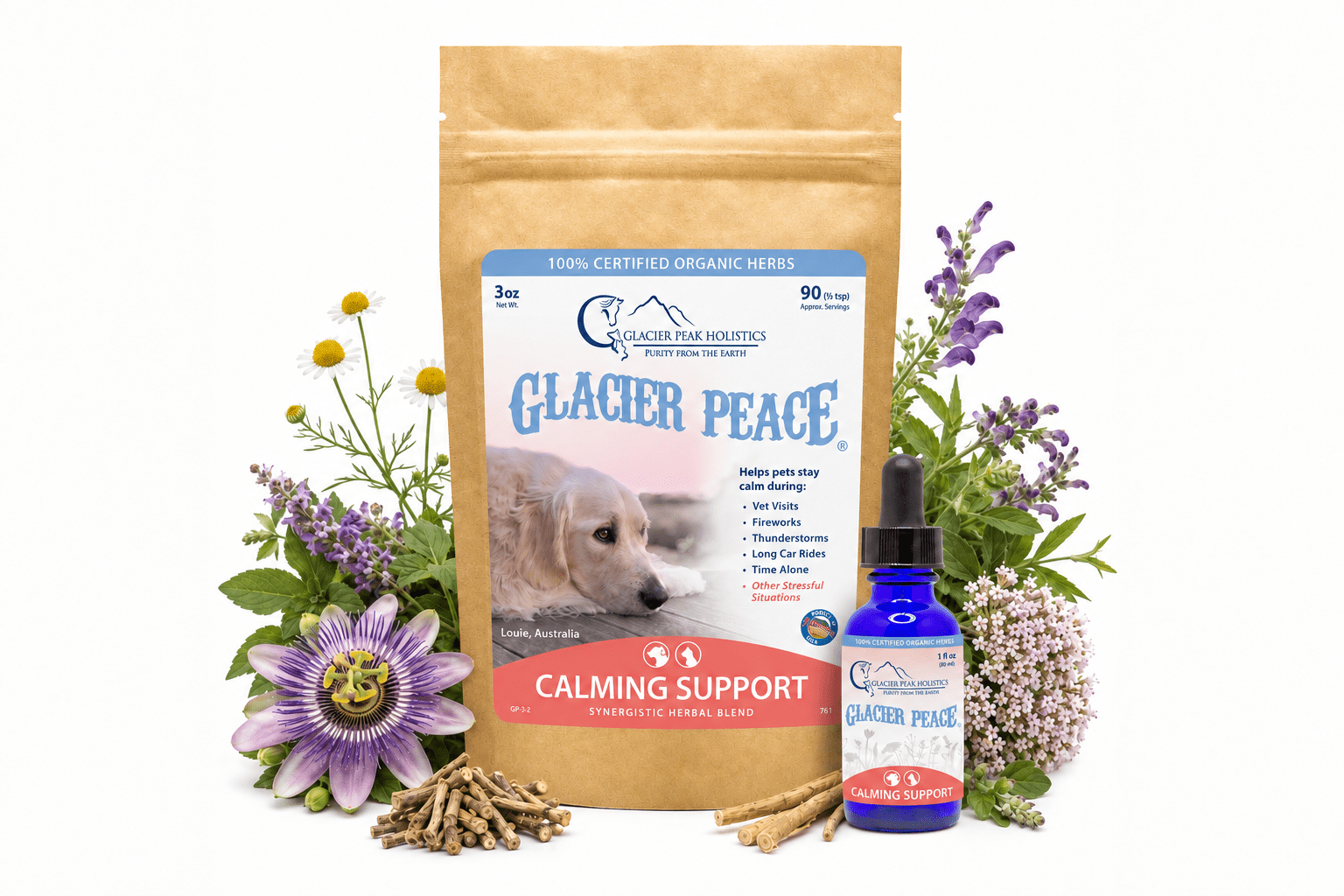 Glacier Peace herbal powder pouch and blue glass tincture bottle surrounded by fresh herbs and flowers.