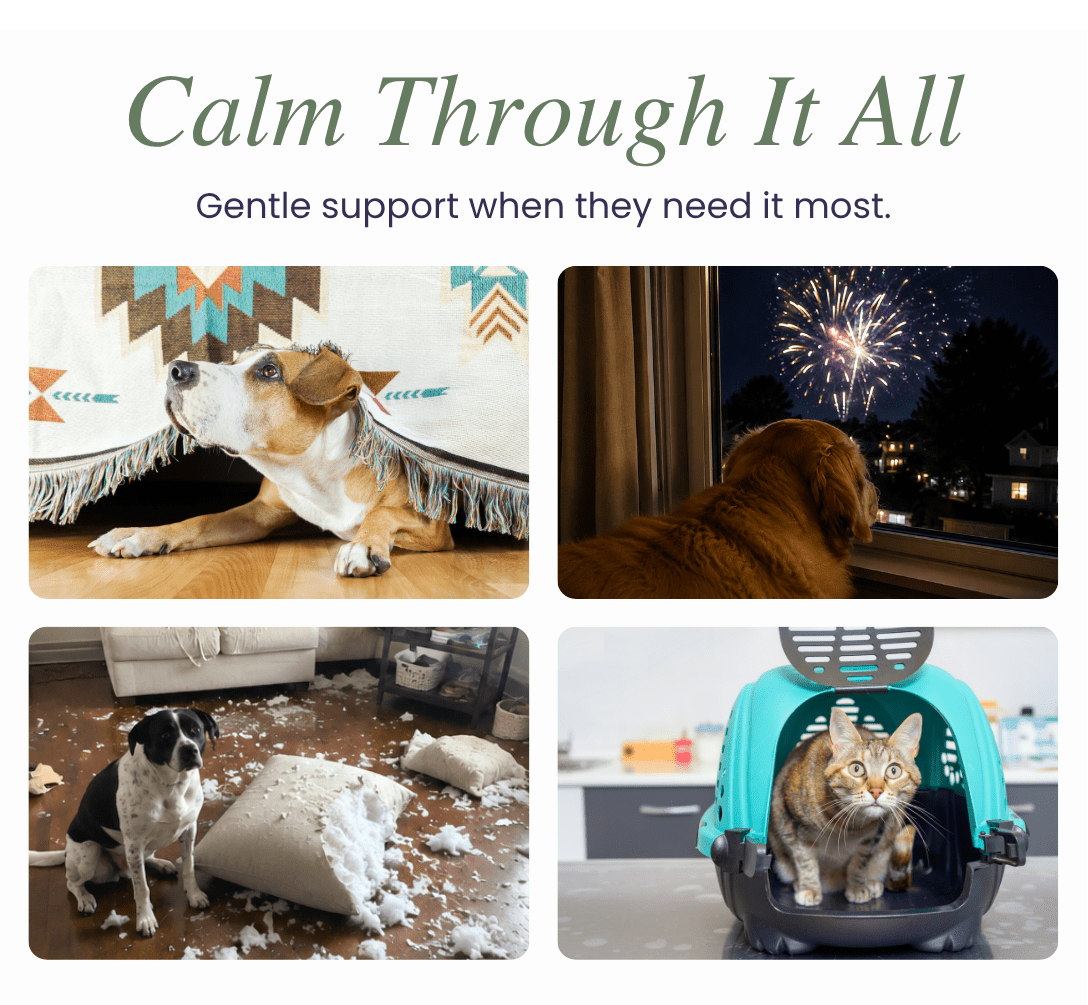 Collage showing dogs and a cat in stressful situations like fireworks, travel, and messes, promoting Glacier Peace calm support.