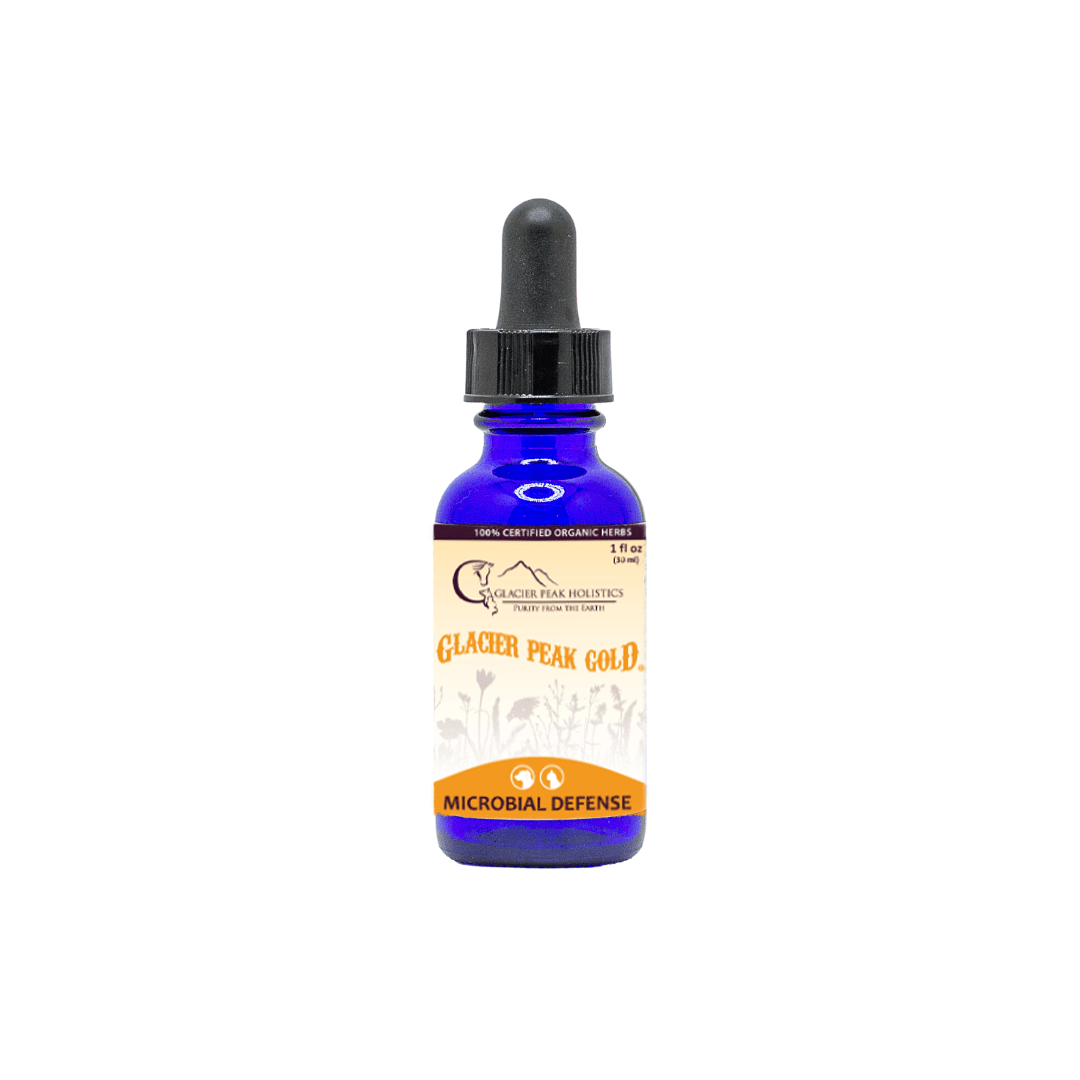 A 1 oz tincture bottle with dropper of Glacier Peak Gold Microbial Defense for pets. 