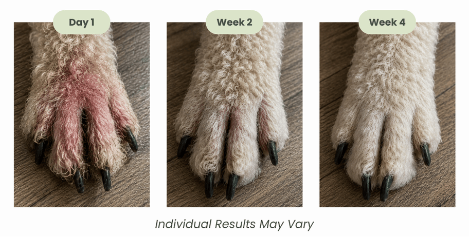 Three-stage progress photos of a dog's paw showing reduced skin redness and irritation over four weeks of treatment.