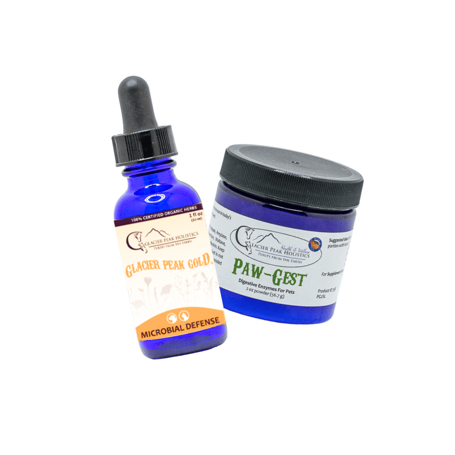 Two Glacier Peak Holistics products, Glacier Peak Gold microbial defense drops and Paw-Gest digestive support for pets.