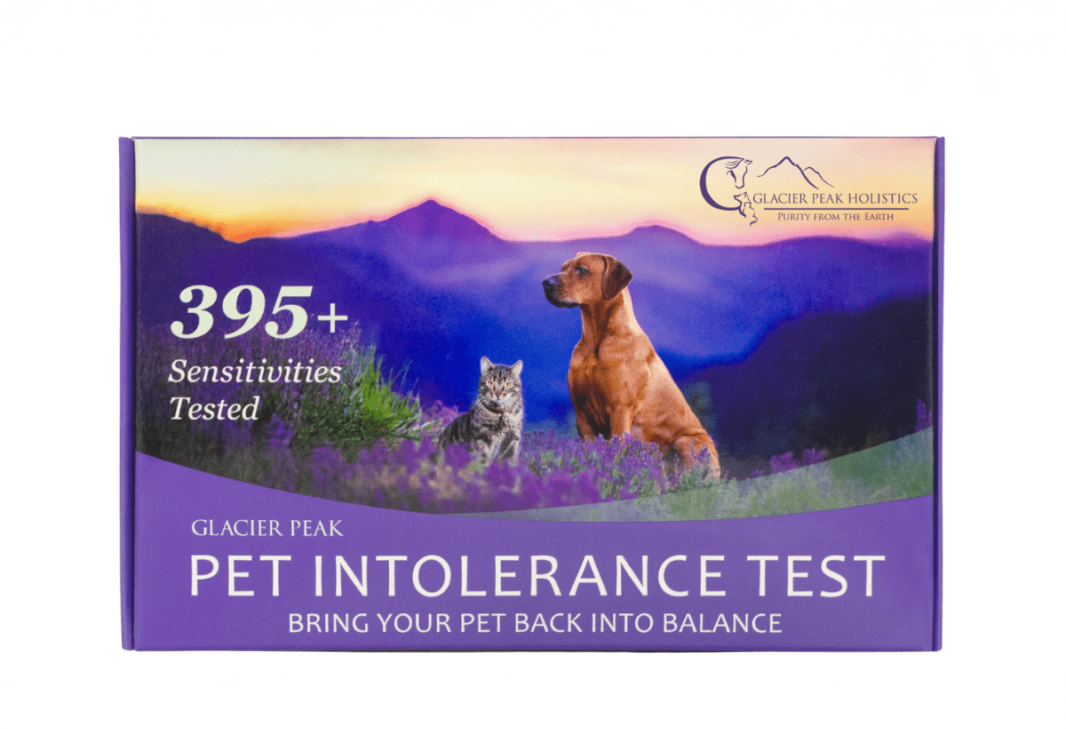 Glacier Peak Pet Intolerance Test box featuring a dog and cat in a purple mountain landscape with 395+ sensitivities text.