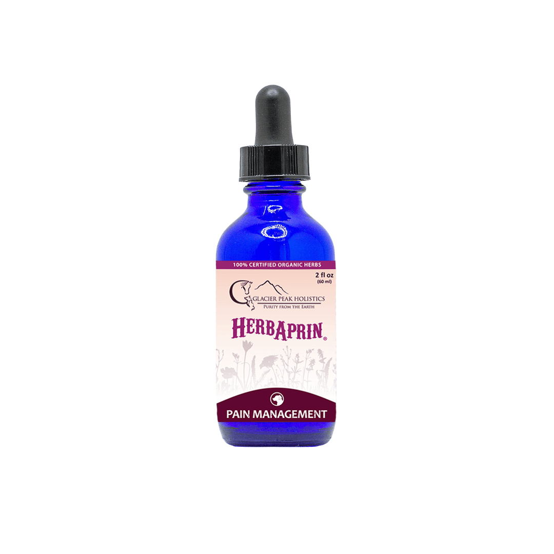 2 fl oz blue glass dropper bottle of HerbAprin herbal supplement for dogs with a white and maroon label.
