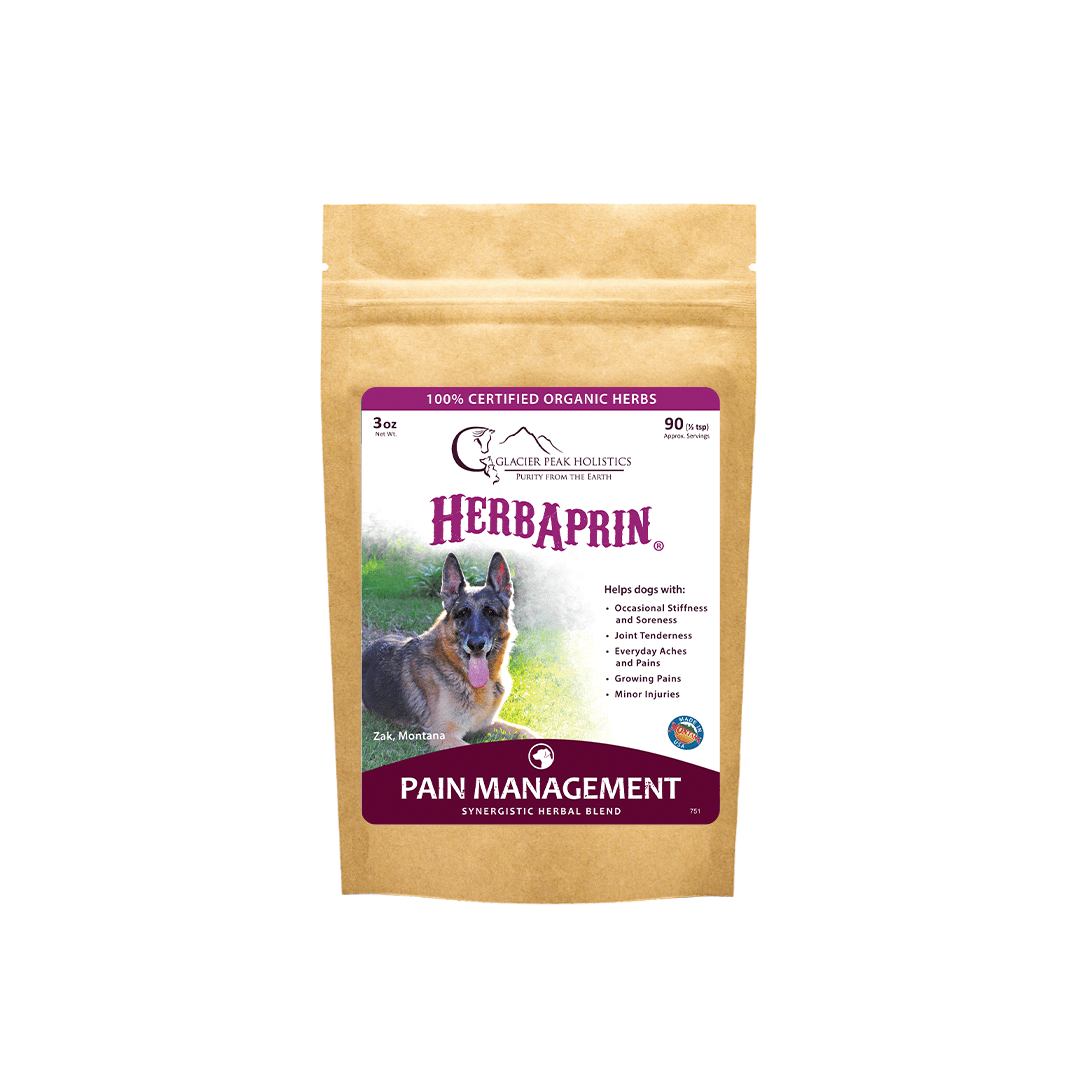 Glacier Peak Holistics HerbApirin 3 oz pain management bag with 100% certified organic herbs for dogs. 