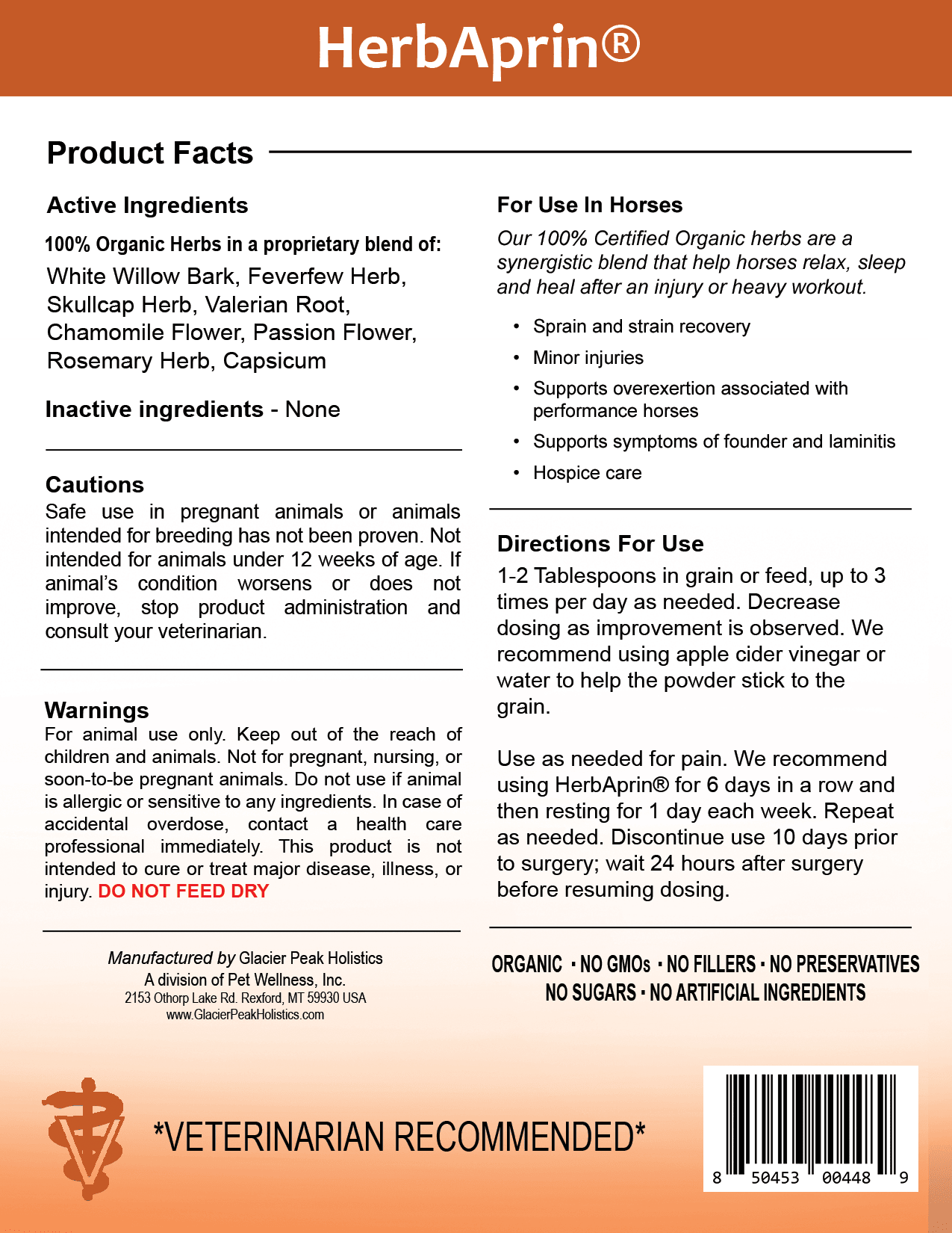 HerbAprin for horses product label including active ingredients, inactive ingredients, cautions, warnings, and directions for use.