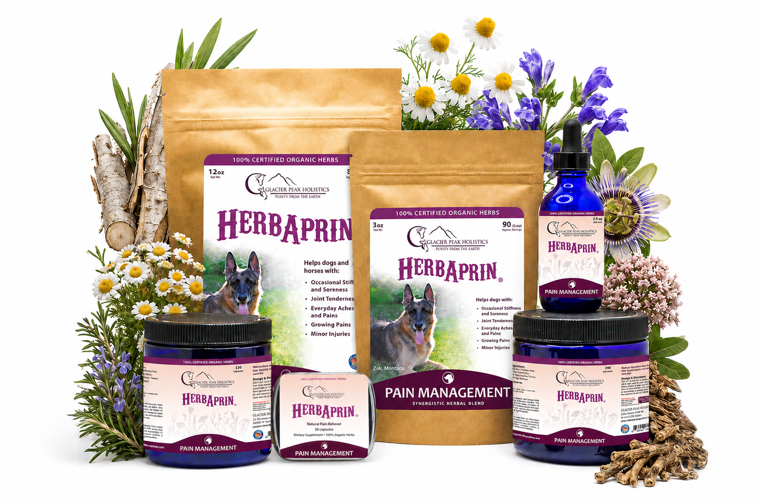 HerbAprin dog supplement collection featuring brown pouches, blue bottles, and jars surrounded by fresh herbal flowers.