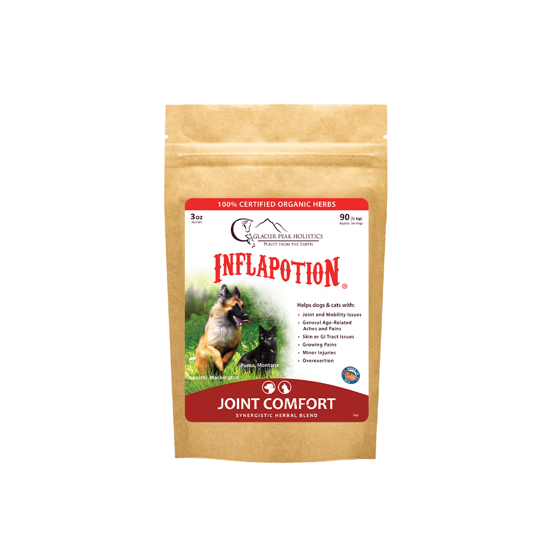 Glacier Peak Holistics 3 oz Inflapotion herb kraft bag for Natural joint comfort for cats, dogs, and horses.
