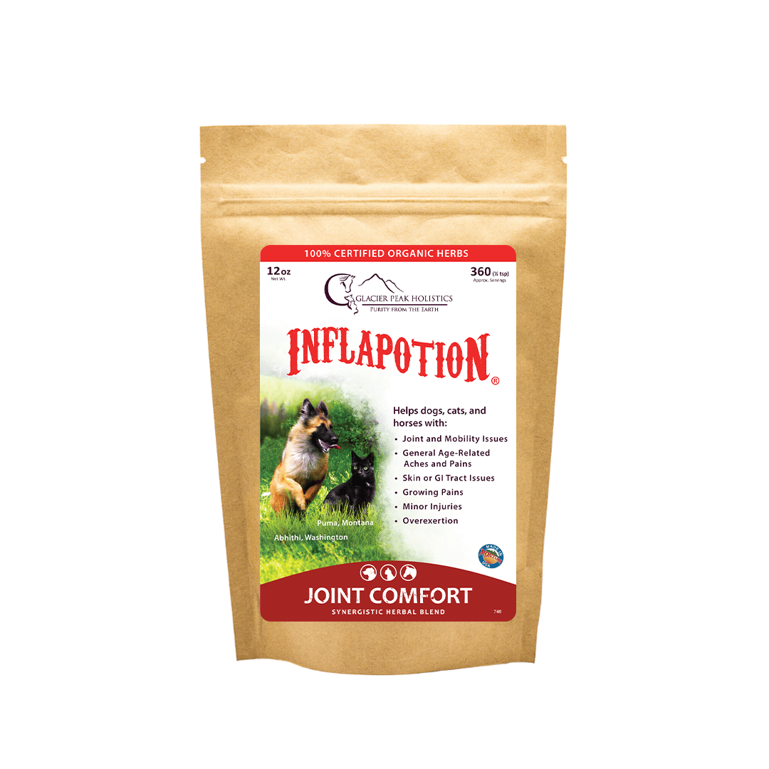 Glacier Peak Holistics 12 oz Inflapotion herb kraft bag for Natural joint comfort for cats, dogs, and horses.