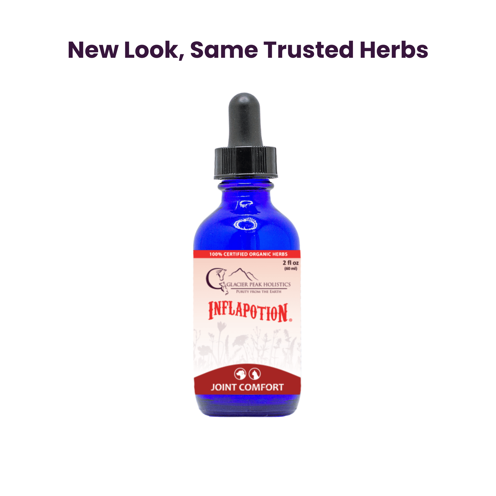 Inflapotion 2oz tincture with dropper for holistic cat and dog joint comfort with "New Look, Same Trusted Support" to represent updated label design.