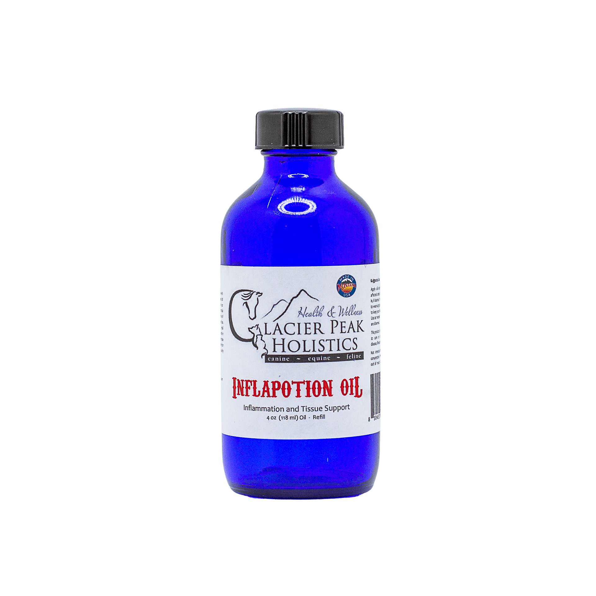 Glacier Peak Holistics Inflapotion Oil: a 4 oz blue bottle with a black cap for external use to support inflammation and tissue.