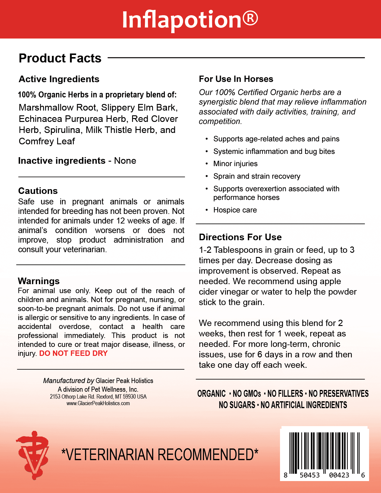 Inflapotion for horses product label including active ingredients, inactive ingredients, cautions, warnings, and directions for use.