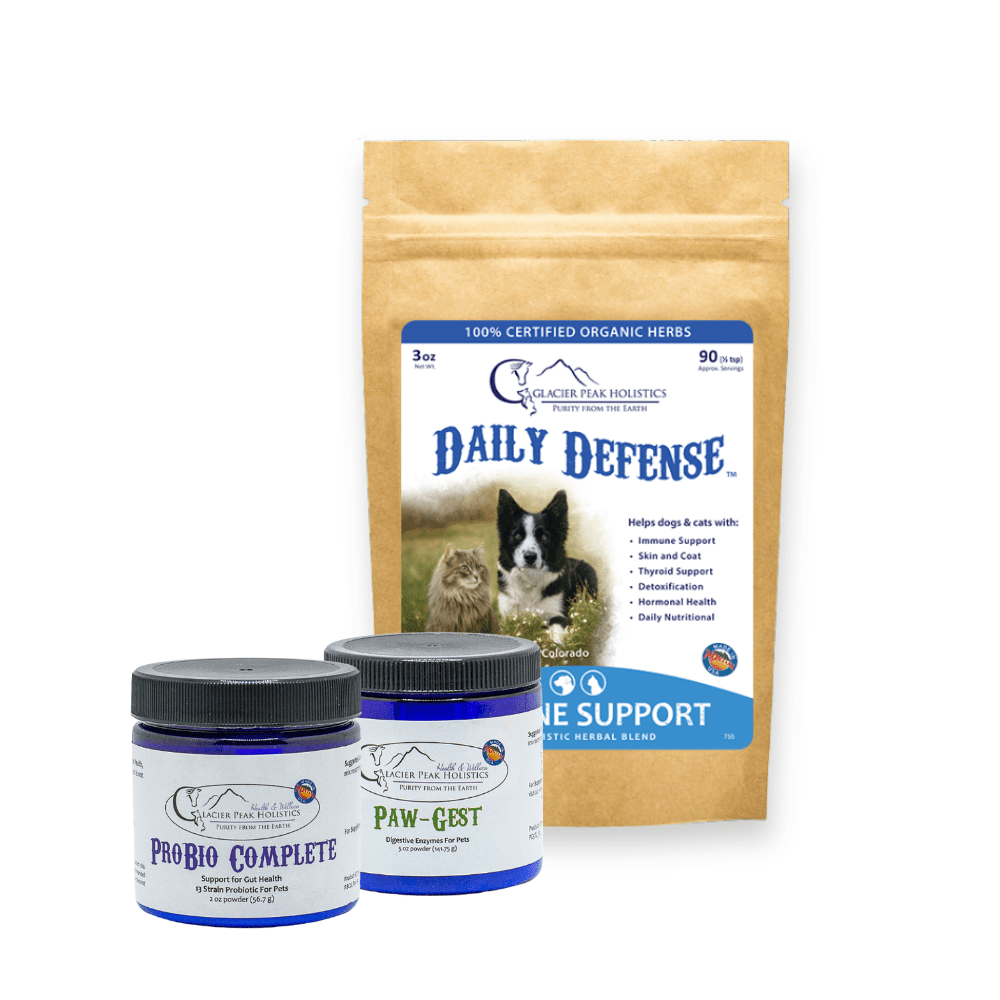 Keep 'em Healthy Daily Supplement Bundle, featuring 3 oz Daily Defense, 2 oz ProBio Complete, and 2 oz Paw-Gest pet supplements.