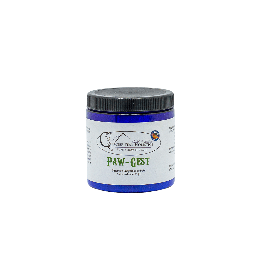 Glacier Peak Holistics 5 oz blue jar of Paw-Gest Digestive Enzymes powder for Dogs & Cats on a white background. 